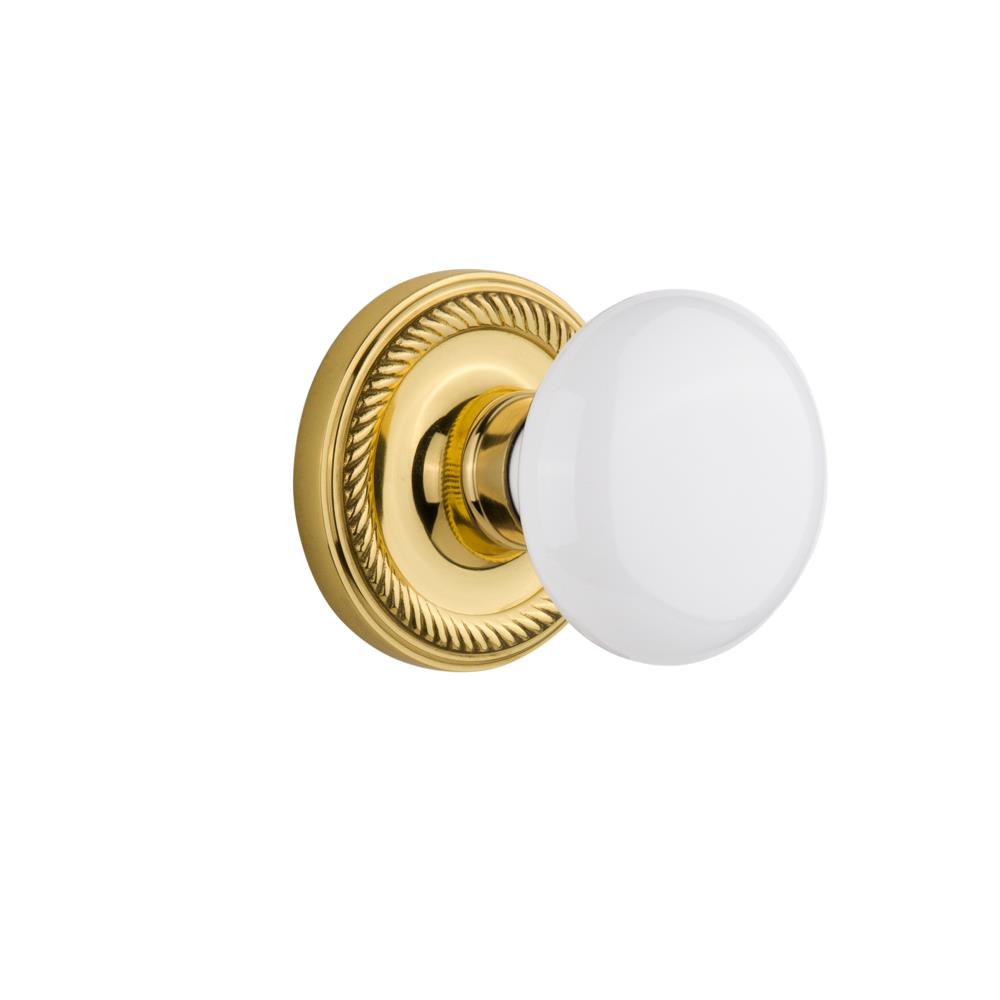 Nostalgic Warehouse ROPWHI Privacy Knob Rope rosette with White Porcelain Knob in Polished Brass